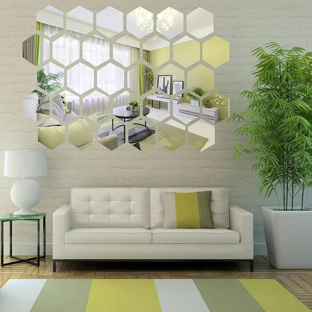ReflectHex Spiegel Wandaufkleber Set | 12-teilig | Hexagon Design | Modernes Wanddekor | Selbstklebend