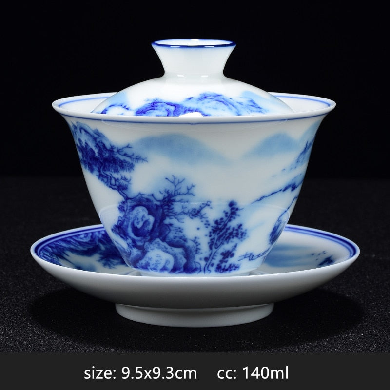 PorceVive Gaiwan Teetasse | Handgefertigtes Porzellan mit Landschaftsmuster | Chinesisches Teeset mit Deckel