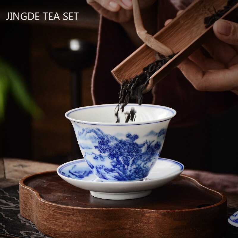 PorceVive Gaiwan Teetasse | Handgefertigtes Porzellan mit Landschaftsmuster | Chinesisches Teeset mit Deckel