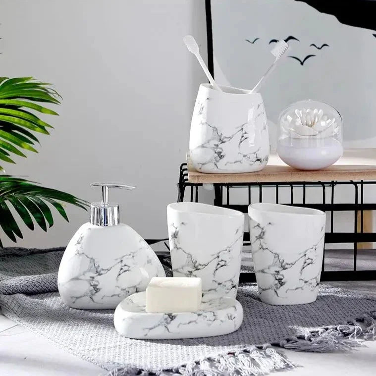 MarmoLuxe Badezimmer-Set 7-teilig | Elegantes Marmor-Design | Luxuriöse & Praktische Badaccessoires