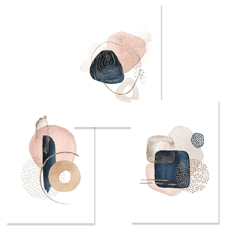 BohoBlush Aquarell Poster | Abstrakter Leinwanddruck in Beige, Rosa & Gold | Geometrische Wandkunst für Wohnzimmer & Dekoration