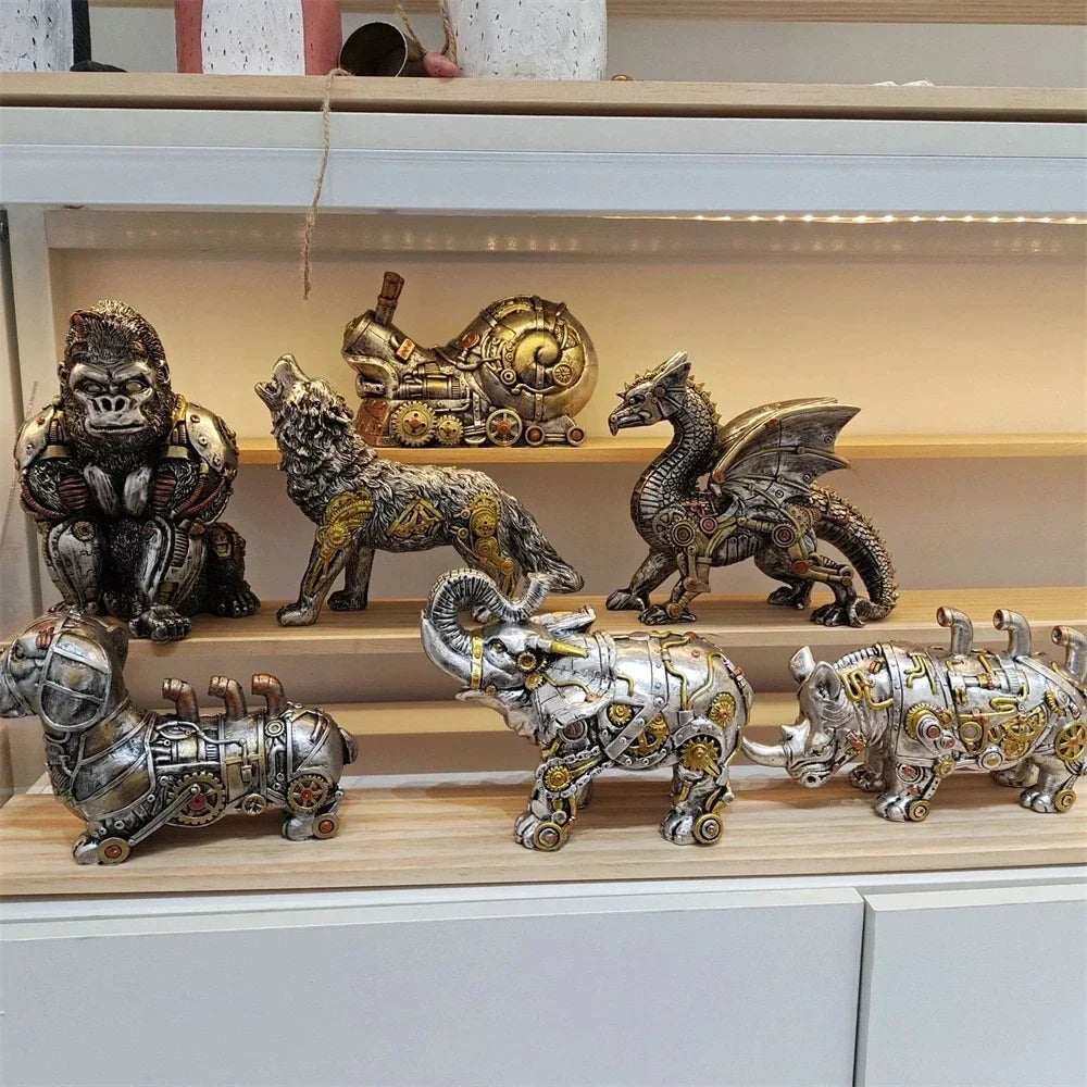 GearMorph Steampunk Tierfigur aus Harz | Industriestil Tischdeko | Mechanischer Drache, Elefant & Schnecke | Kunstvolle Deko für Zuhause