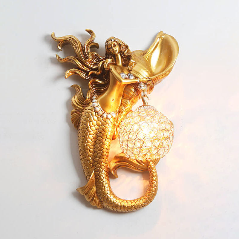 MerLume Harz Meerjungfrau Wandleuchte | Kristall-Lampenschirm | Kreatives Design | Für Schlafzimmer & Wohnzimmer