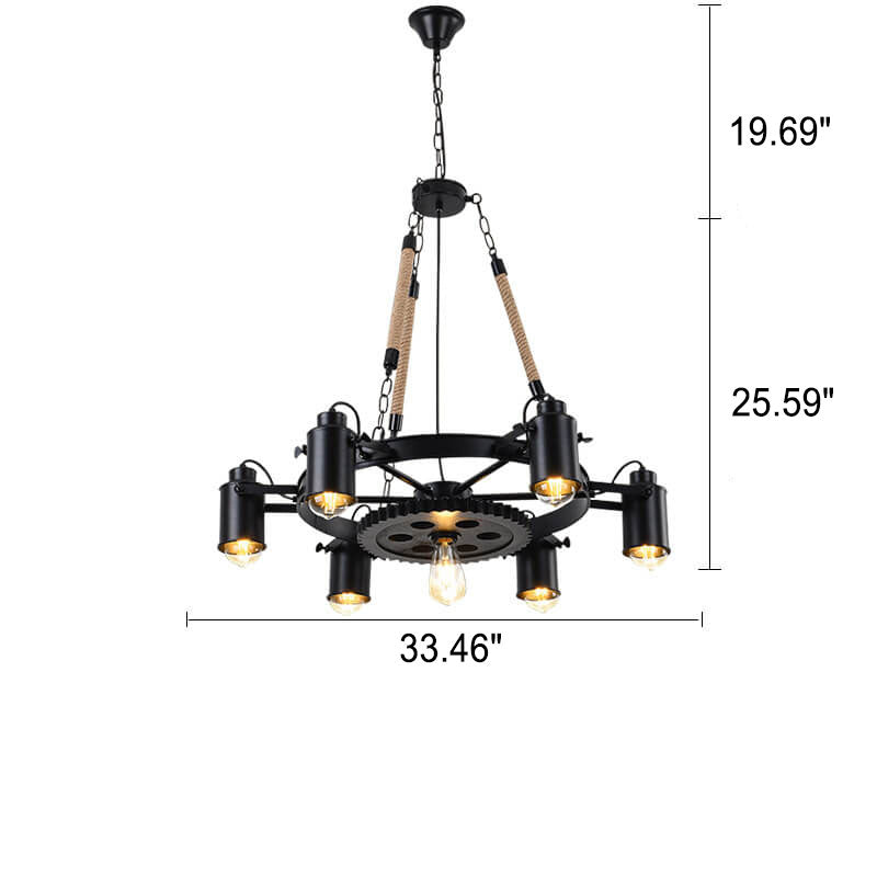 GearLume Retro Industrial Kronleuchter | Eisen-Design | Hanfseil-Lampen | 6/8/10 Leuchten | Vintage Beleuchtung