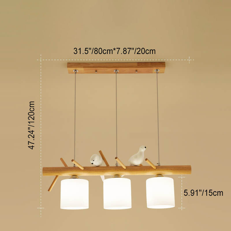 AviLume Nordic Kronleuchter | Minimalistisches Holzdesign | Zylinder mit Vogel-Dekor | 2-3 Licht Pendelleuchte
