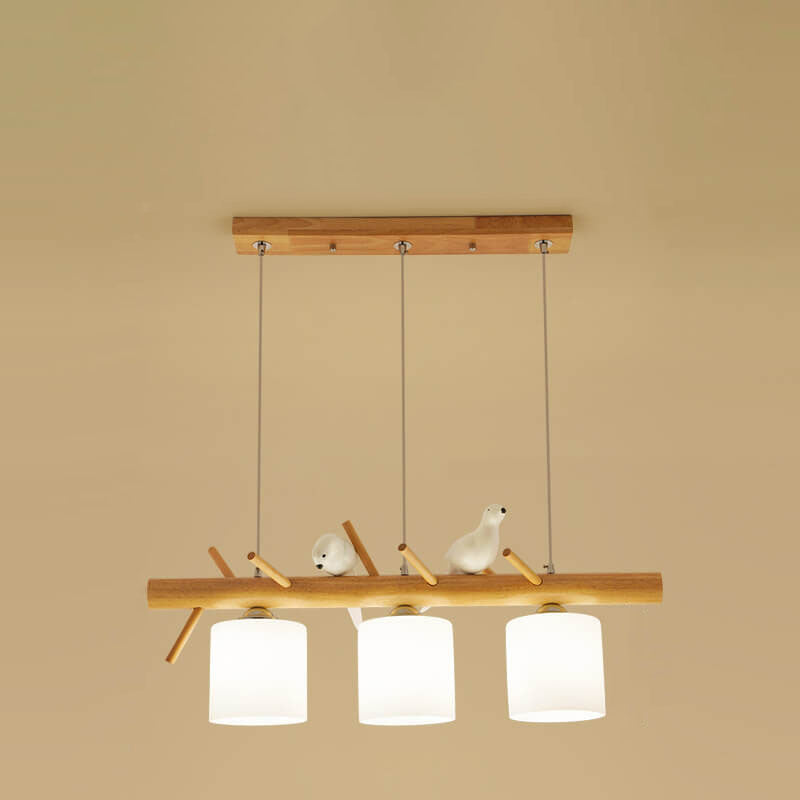 AviLume Nordic Kronleuchter | Minimalistisches Holzdesign | Zylinder mit Vogel-Dekor | 2-3 Licht Pendelleuchte