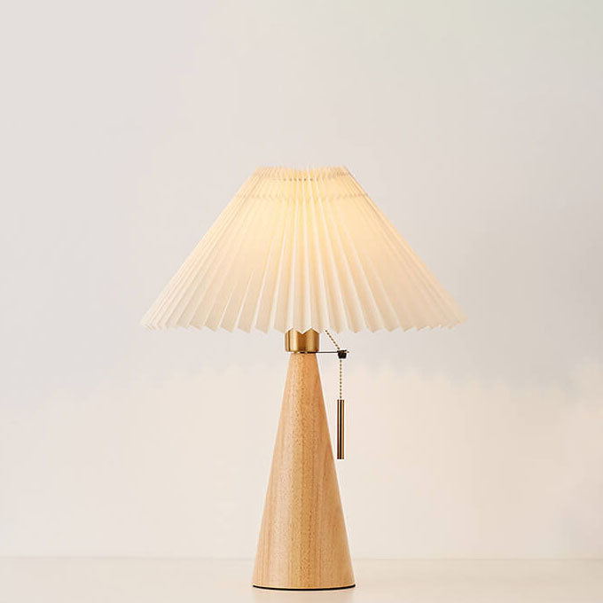HikariGlow Japanische LED Tischlampe | Minimalistisches Design | Faltenstoff & Holz | Warmes Licht für Zuhause