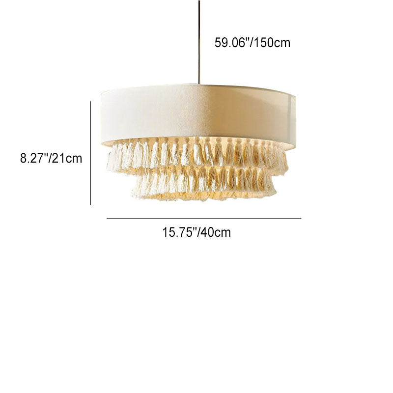 BohoLuma Kronleuchter | Stoffzylinder-Schirm | Geflochtenes Seil & Quasten | 3-flammige Beleuchtung für Wohnzimmer