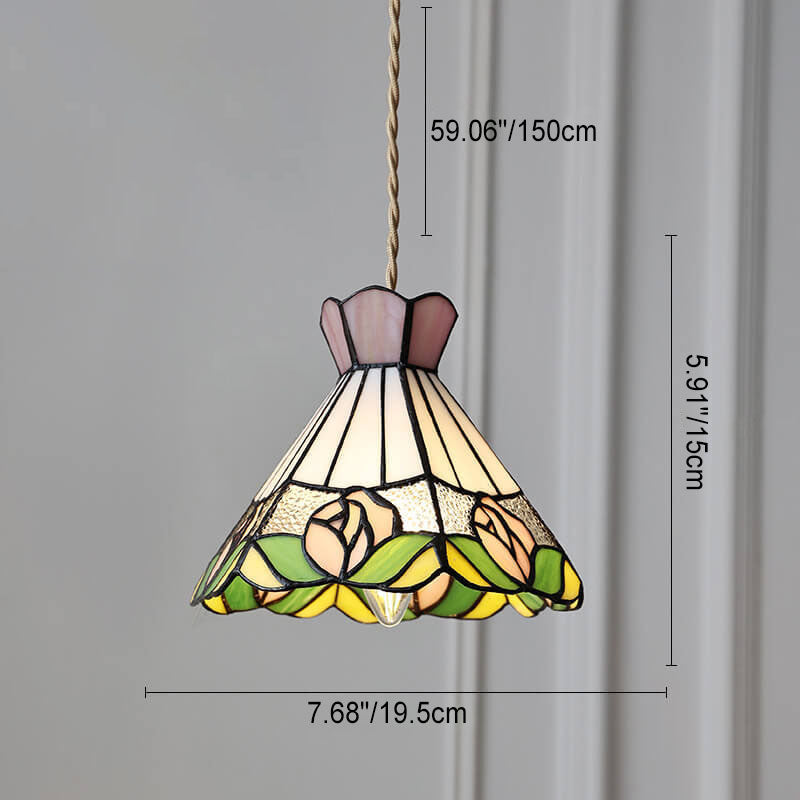 Roselume Tiffany Pendelleuchte | Vintage Rosenmotiv | Buntglas Kegelform | 1-Licht Hängelampe