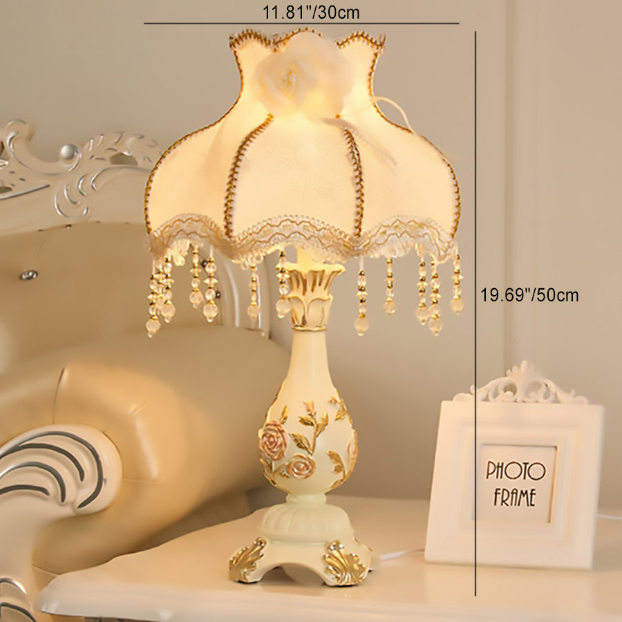 Vasora Europäische Tischlampe | Traditionelles Design | Vase aus Harz | Stoffschirm | Schlafzimmerbeleuchtung