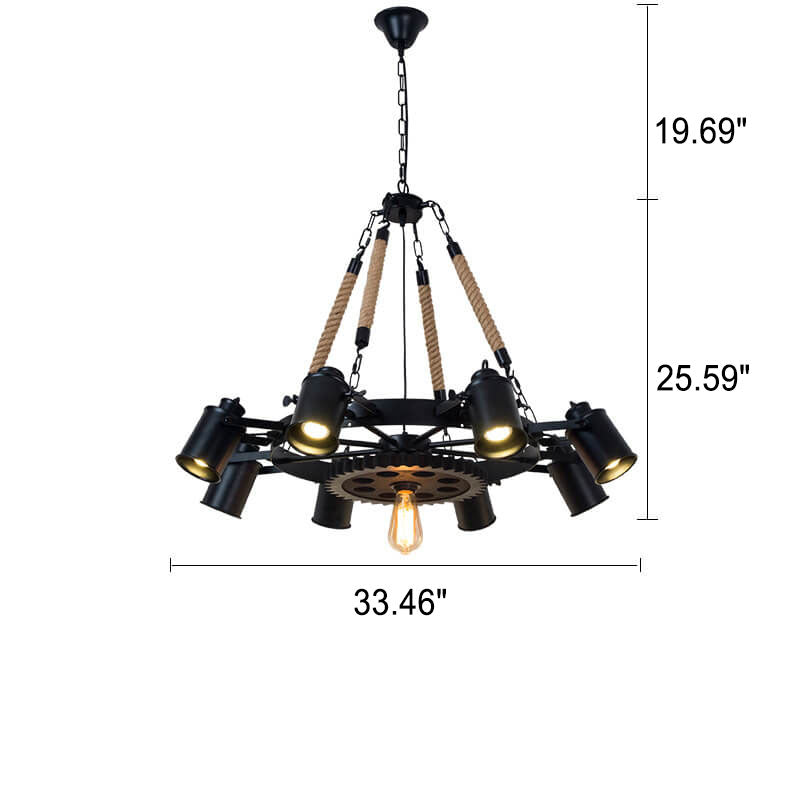 GearLume Retro Industrial Kronleuchter | Eisen-Design | Hanfseil-Lampen | 6/8/10 Leuchten | Vintage Beleuchtung