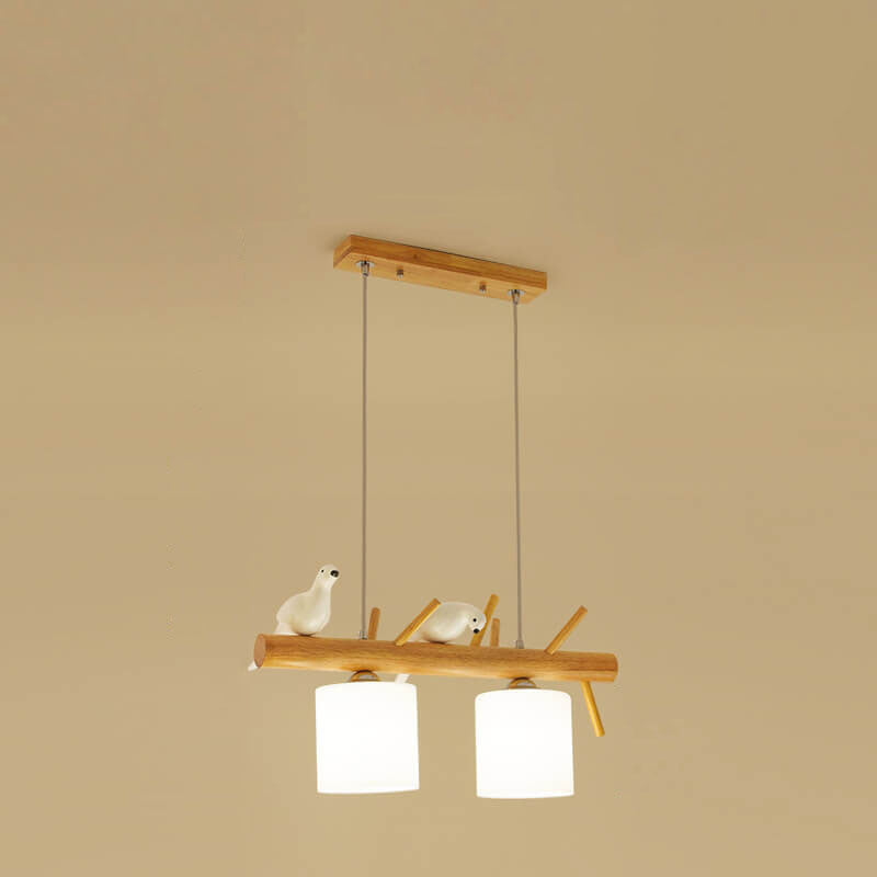 AviLume Nordic Kronleuchter | Minimalistisches Holzdesign | Zylinder mit Vogel-Dekor | 2-3 Licht Pendelleuchte
