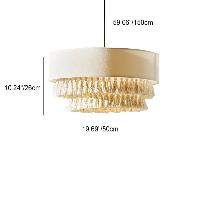 BohoLuma Kronleuchter | Stoffzylinder-Schirm | Geflochtenes Seil & Quasten | 3-flammige Beleuchtung für Wohnzimmer