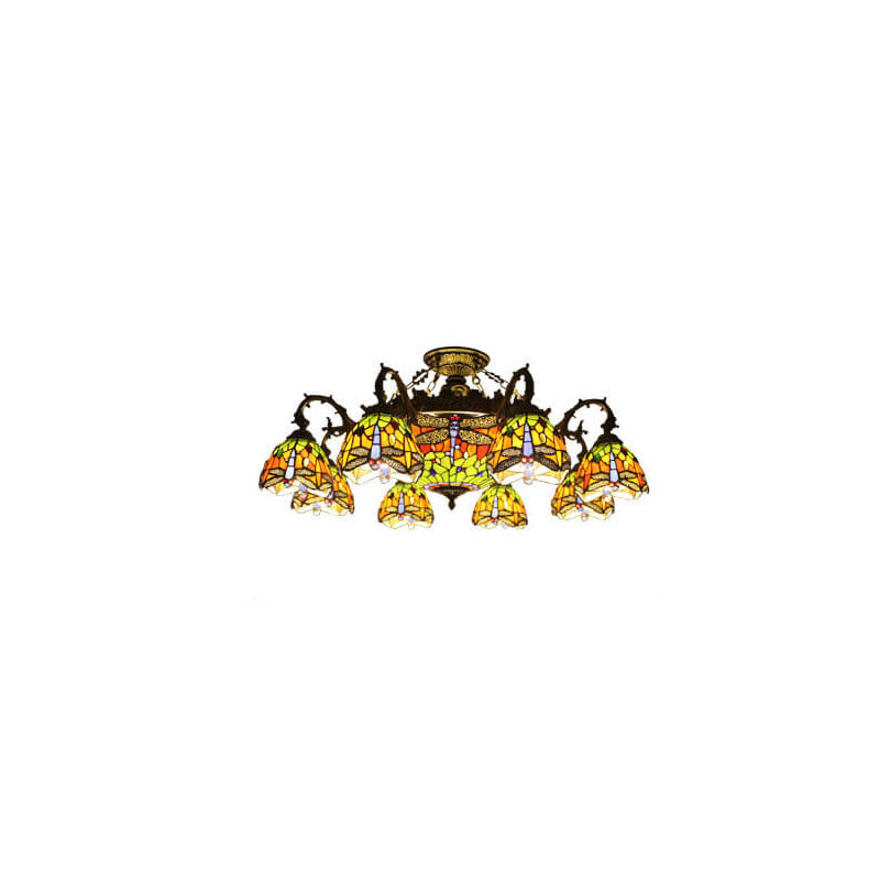 Celestoria Tiffany Deckenleuchte | Retro Barock Design | Buntglas | 11-Licht Halbeinbauleuchte