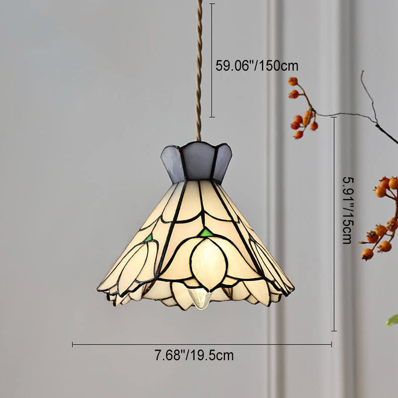 Roselume Tiffany Pendelleuchte | Vintage Rosenmotiv | Buntglas Kegelform | 1-Licht Hängelampe