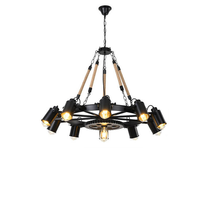 GearLume Retro Industrial Kronleuchter | Eisen-Design | Hanfseil-Lampen | 6/8/10 Leuchten | Vintage Beleuchtung