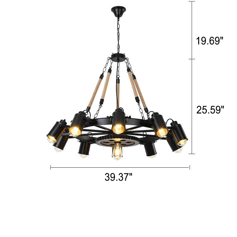 GearLume Retro Industrial Kronleuchter | Eisen-Design | Hanfseil-Lampen | 6/8/10 Leuchten | Vintage Beleuchtung