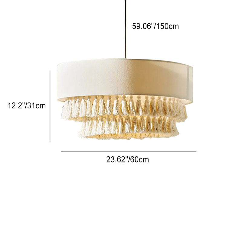 BohoLuma Kronleuchter | Stoffzylinder-Schirm | Geflochtenes Seil & Quasten | 3-flammige Beleuchtung für Wohnzimmer