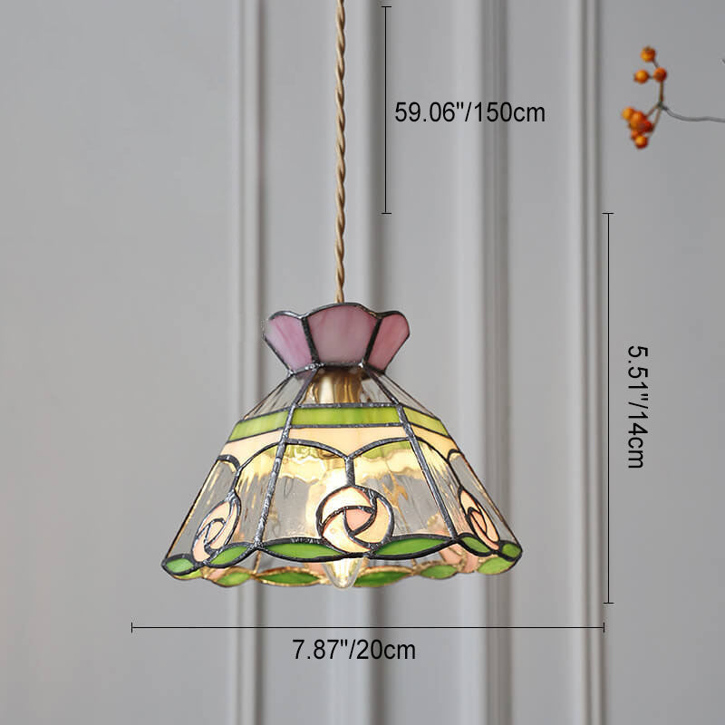 Roselume Tiffany Pendelleuchte | Vintage Rosenmotiv | Buntglas Kegelform | 1-Licht Hängelampe