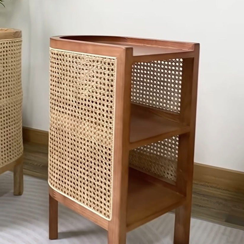 ZenovaSphere Halb-Oval Nachttisch | Holz & Rattan Design | 3 Ebenen | Stauraumwunder für Schlafzimmer