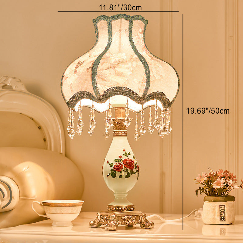Vasora Europäische Tischlampe | Traditionelles Design | Vase aus Harz | Stoffschirm | Schlafzimmerbeleuchtung