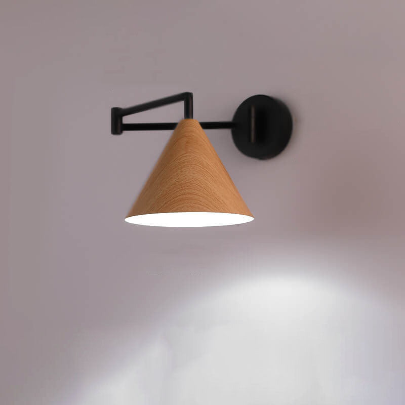 LumoNordic Minimalist Cone Swing Arm LED Wandlampe | Holzmaserung | Flexibler Schwenkarm | Stimmungslicht | Deko für Zuhause