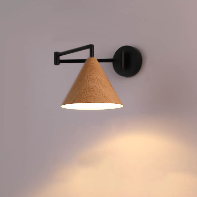 LumoNordic Minimalist Cone Swing Arm LED Wandlampe | Holzmaserung | Flexibler Schwenkarm | Stimmungslicht | Deko für Zuhause