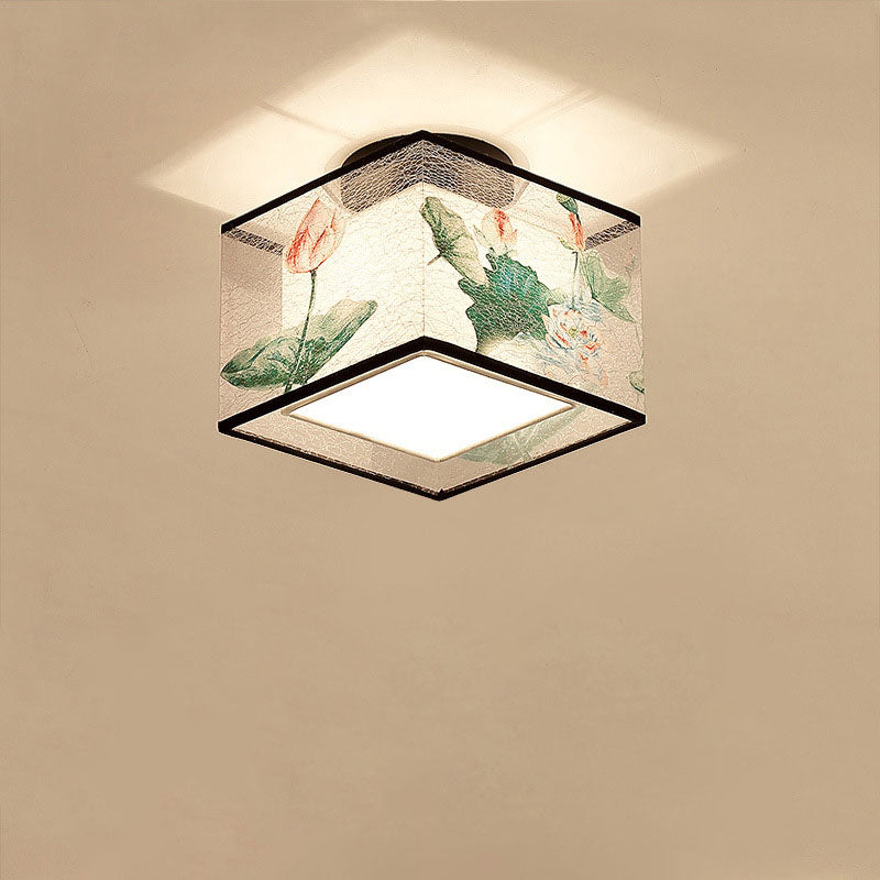 Zhenhua Deckenleuchte | Traditionelles Design | Quadratischer Stoffschirm | Semi-Flush-Montage | Beleuchtung für Flur