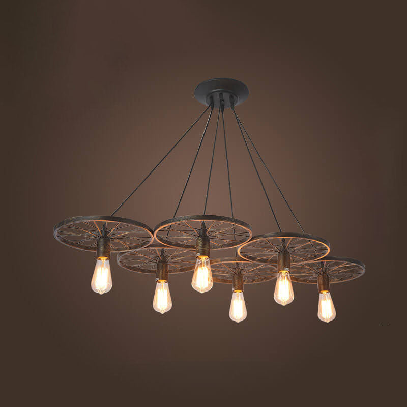 Rustiron Kronleuchter | Industrielles Design mit Eisenrädern | 1/3/6-flammig | Loft- und Wohnraum-Beleuchtung