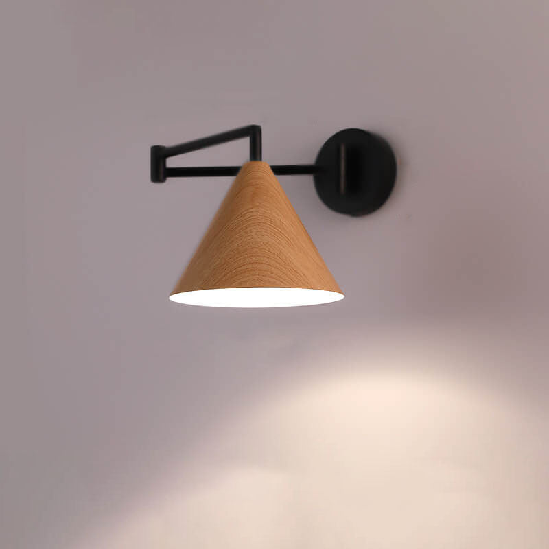 LumoNordic Minimalist Cone Swing Arm LED Wandlampe | Holzmaserung | Flexibler Schwenkarm | Stimmungslicht | Deko für Zuhause