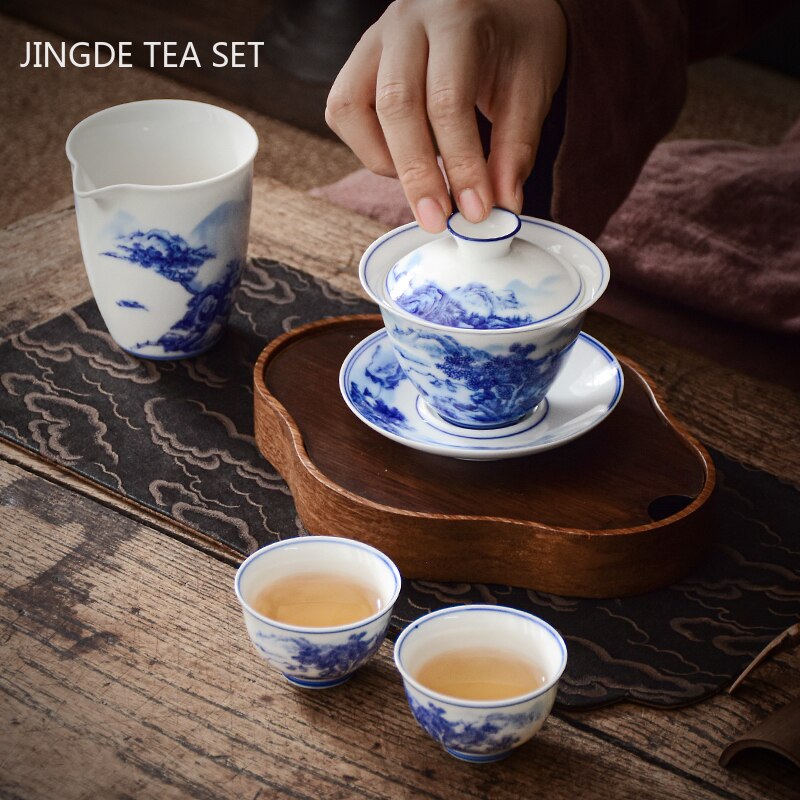 PorceVive Gaiwan Teetasse | Handgefertigtes Porzellan mit Landschaftsmuster | Chinesisches Teeset mit Deckel