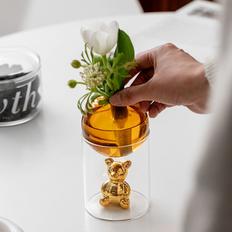 CosmoBear Glasvase | Galaktisches Design | Dekorative Vase | Bärförmige Glasvase für Blumen und Dekoration