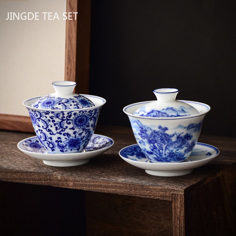 PorceVive Gaiwan Teetasse | Handgefertigtes Porzellan mit Landschaftsmuster | Chinesisches Teeset mit Deckel
