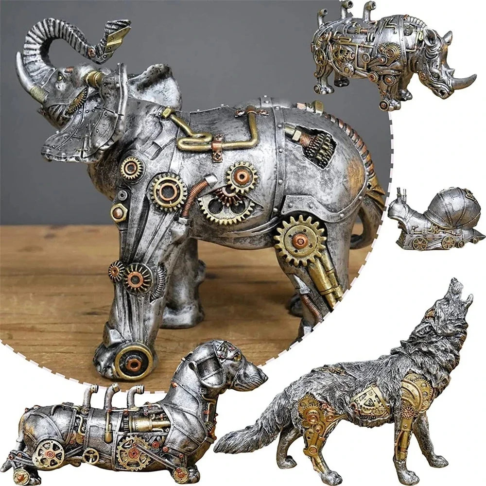 GearMorph Steampunk Tierfigur aus Harz | Industriestil Tischdeko | Mechanischer Drache, Elefant & Schnecke | Kunstvolle Deko für Zuhause
