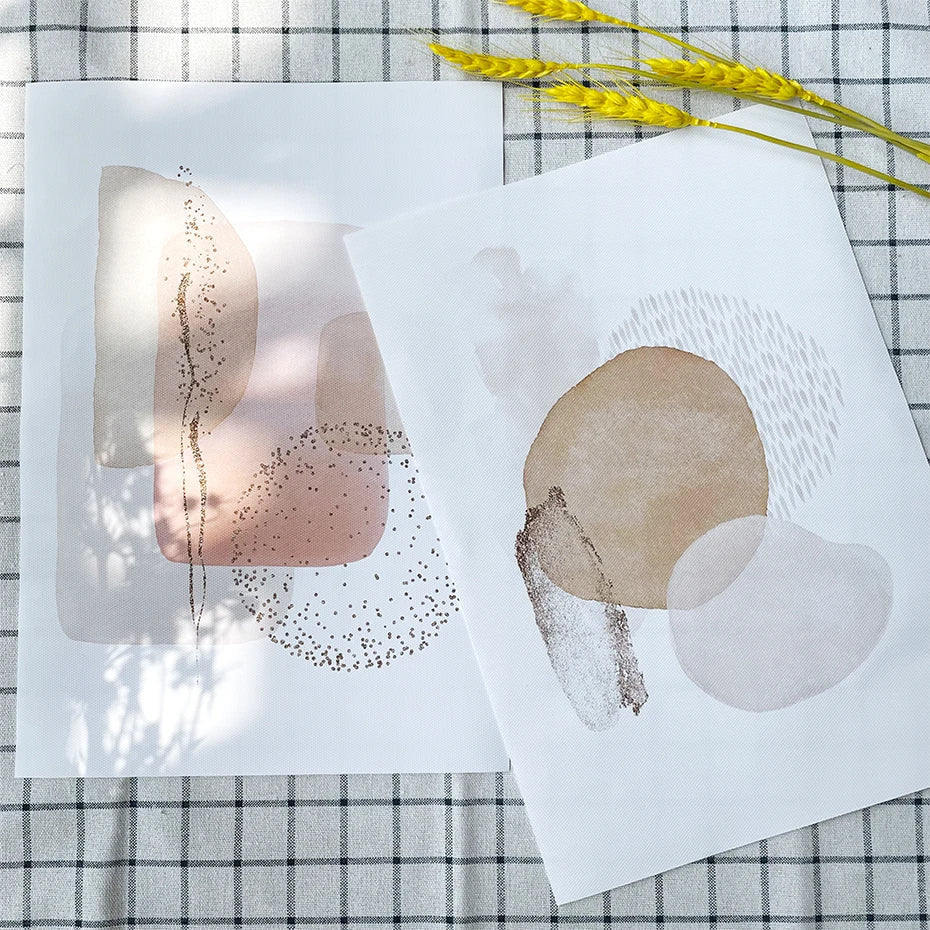 BohoBlush Aquarell Poster | Abstrakter Leinwanddruck in Beige, Rosa & Gold | Geometrische Wandkunst für Wohnzimmer & Dekoration