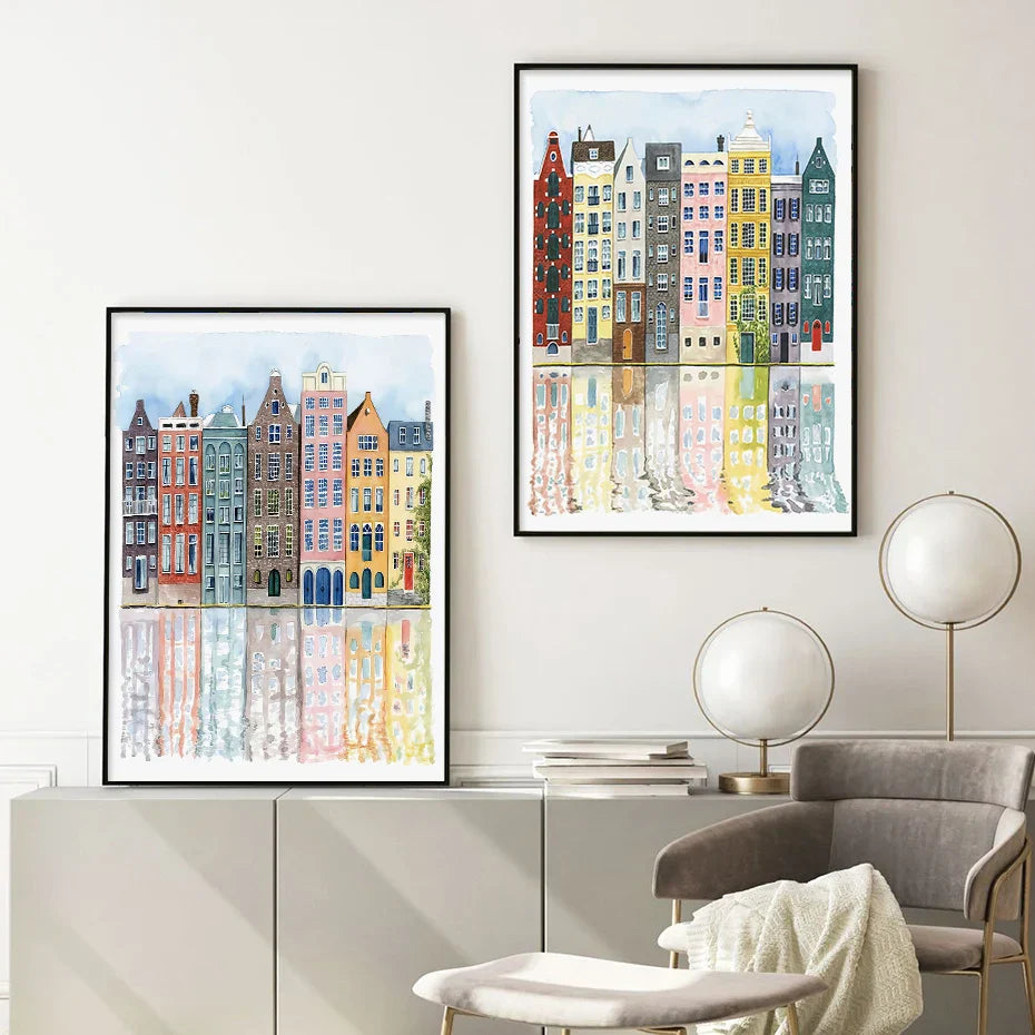 UrbanVista Aquarellfassaden Poster | Leinwanddruck mit alten bunten Gebäuden | Wandkunst für Wohnzimmer & Heimdekoration