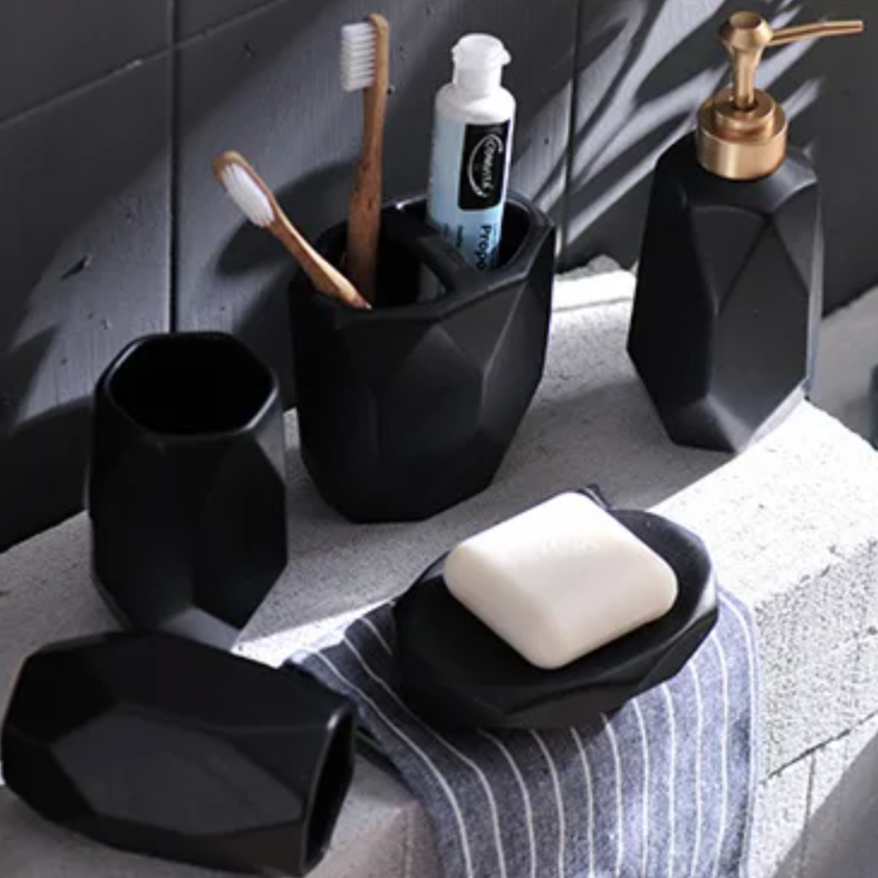Polygonica Keramik Badezimmer-Set 5-teilig | Modernes Design | Elegante Badaccessoires für Zuhause