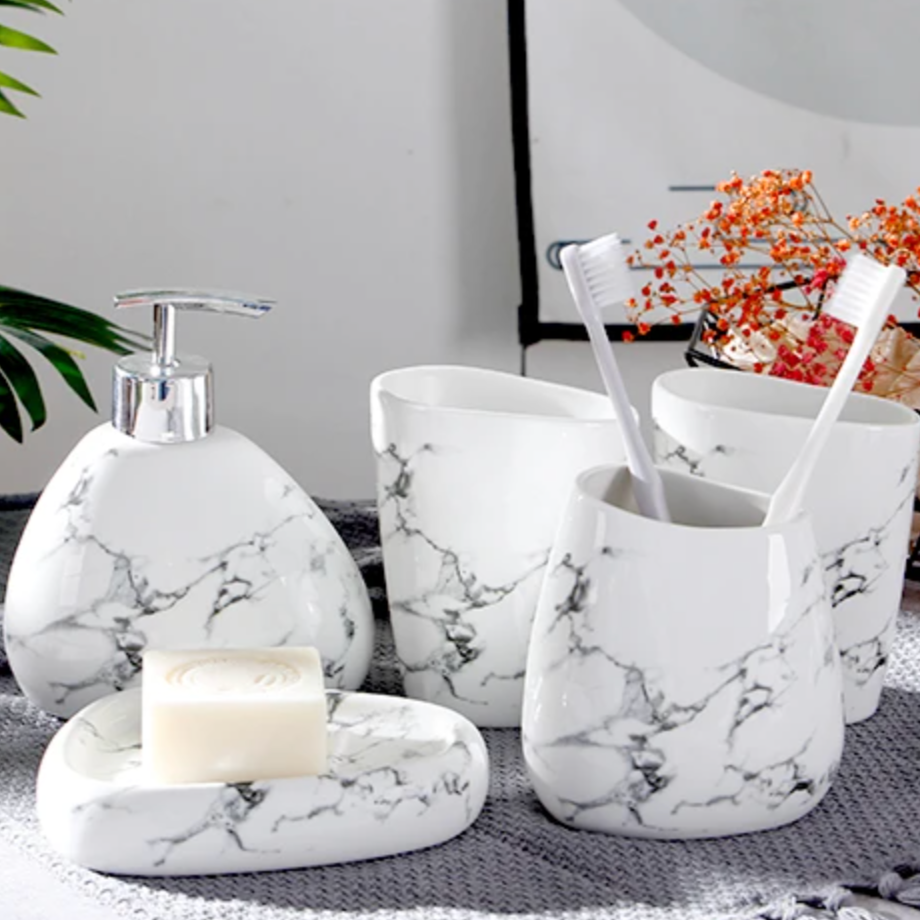 MarmoLuxe Badezimmer-Set 7-teilig | Elegantes Marmor-Design | Luxuriöse & Praktische Badaccessoires