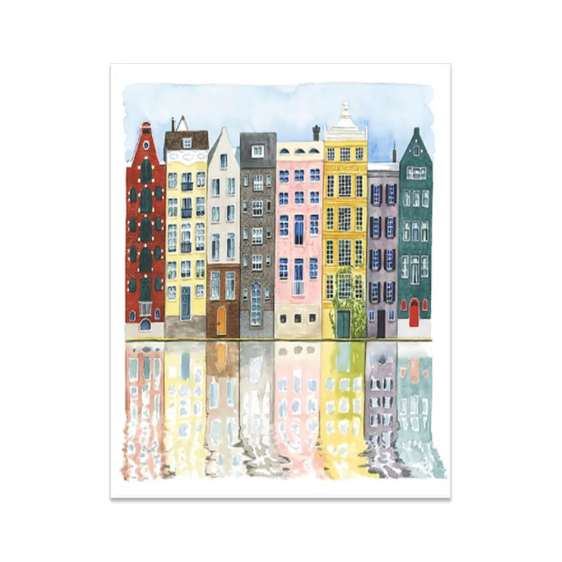 UrbanVista Aquarellfassaden Poster | Leinwanddruck mit alten bunten Gebäuden | Wandkunst für Wohnzimmer & Heimdekoration
