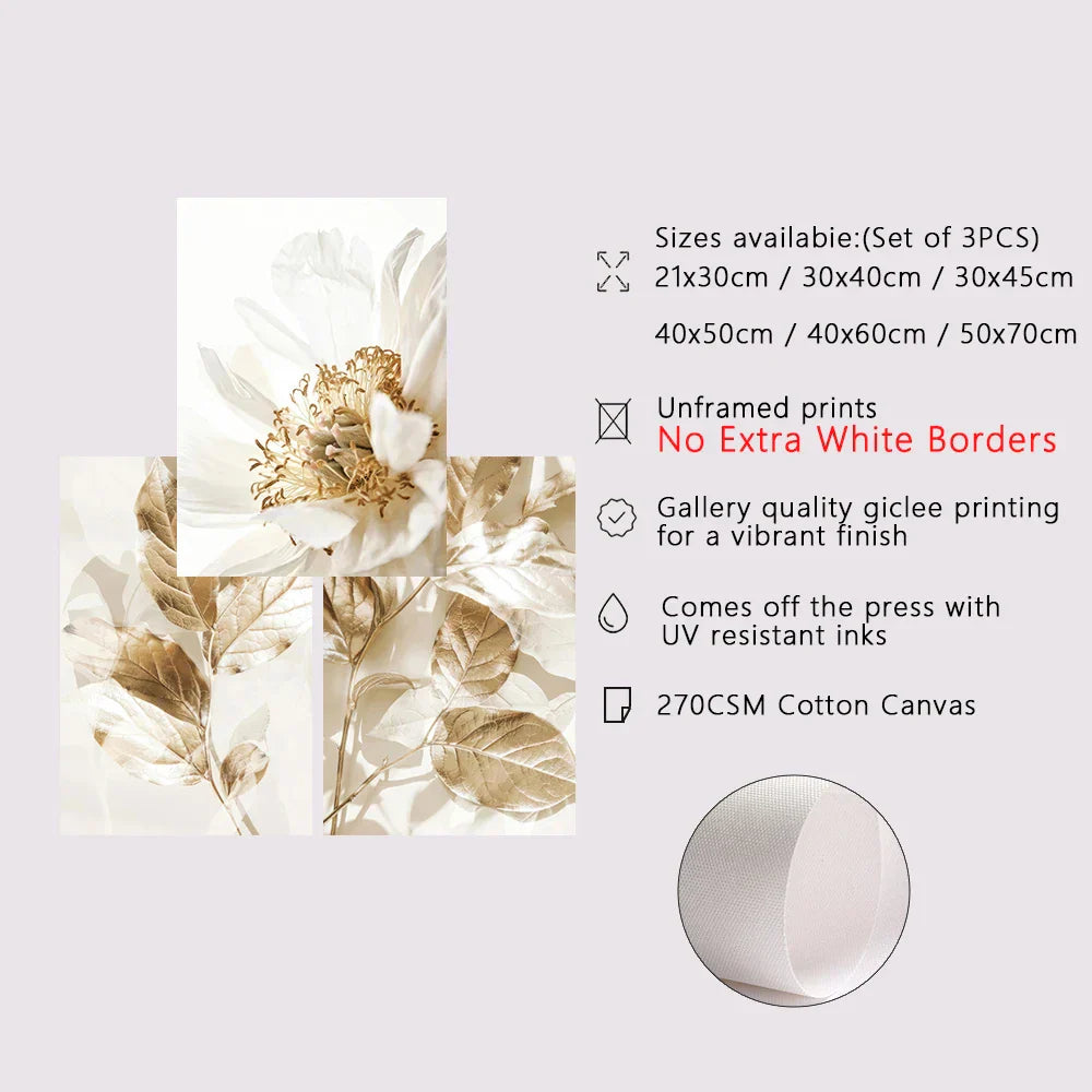 ArtBliss Moderne Wandkunst mit weißen und goldenen Blumenmotiven | Kunstdrucke auf Leinwand | Kunstdekor für Wohnzimmer, Esszimmer, Schlafzimmer (3er-Set)
