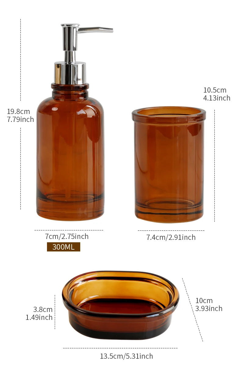 AquaSet Glas Badezimmer-Set | 4-teilig | Elegantes Apotheker-Design | Seifenspender, Zahnbürstenhalter & Zubehör