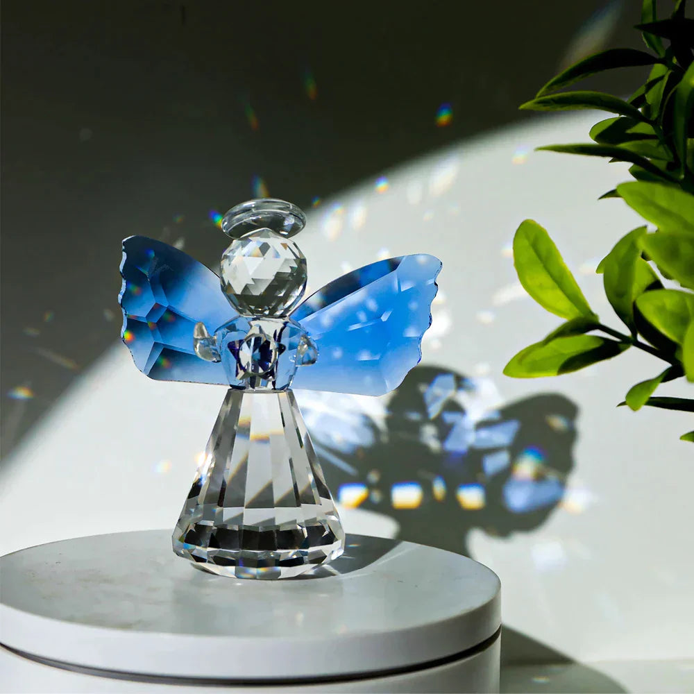 AngelGlow Kristall Engel Figur | Handgemacht | Blaue Flügel | Glas Skulptur | Deko für Zuhause