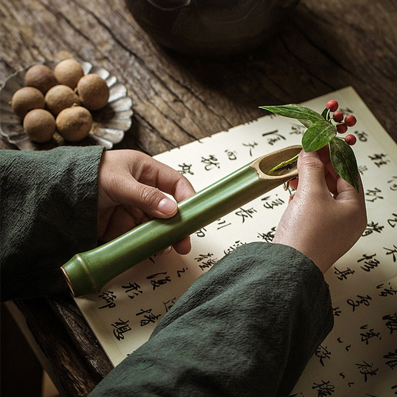 ZenCraft Wandvase aus Bambus & Keramik | Minimalistisches Design für Trockenblumen & Hydrokultur | Stilvolle Wanddeko für Wohnzimmer