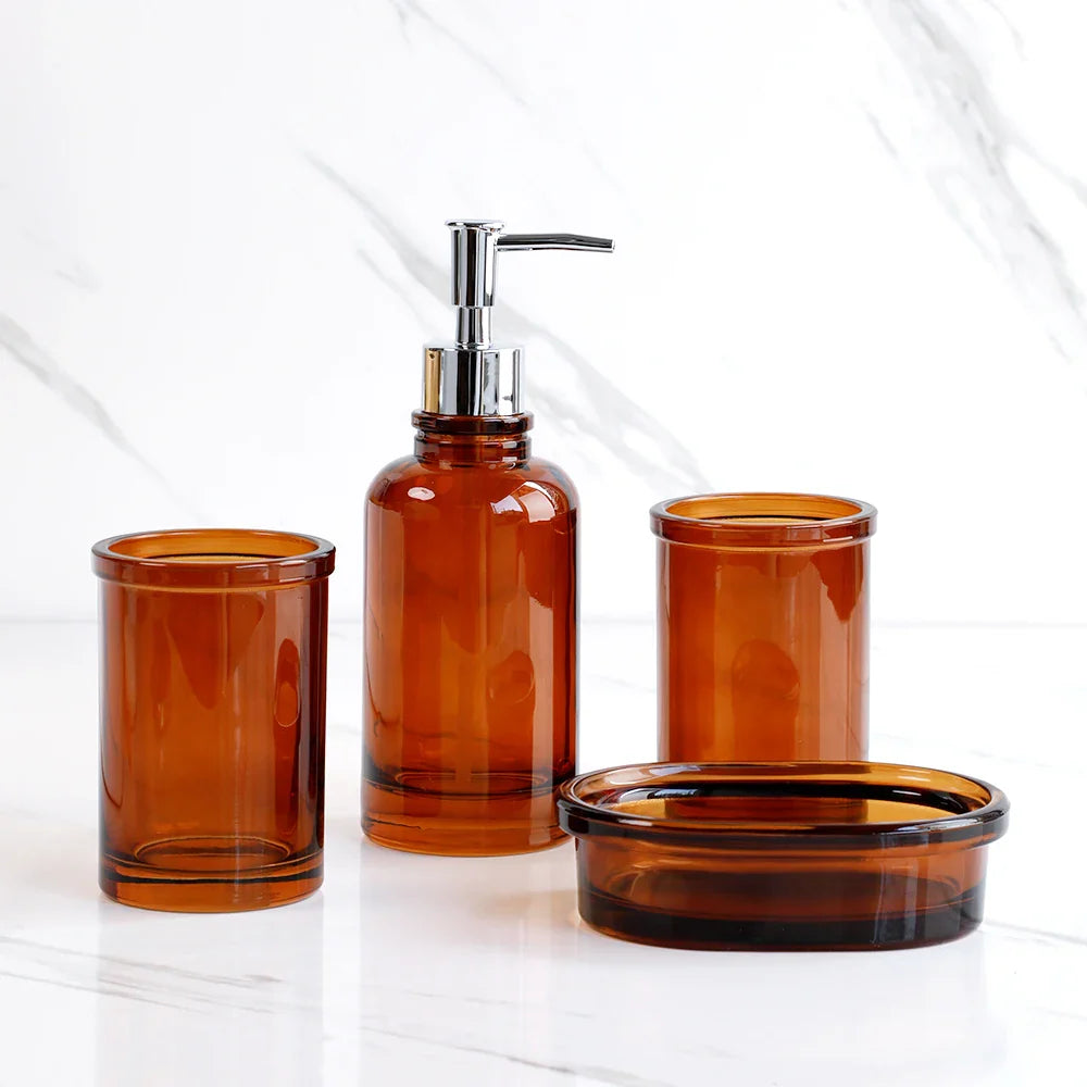AquaSet Glas Badezimmer-Set | 4-teilig | Elegantes Apotheker-Design | Seifenspender, Zahnbürstenhalter & Zubehör