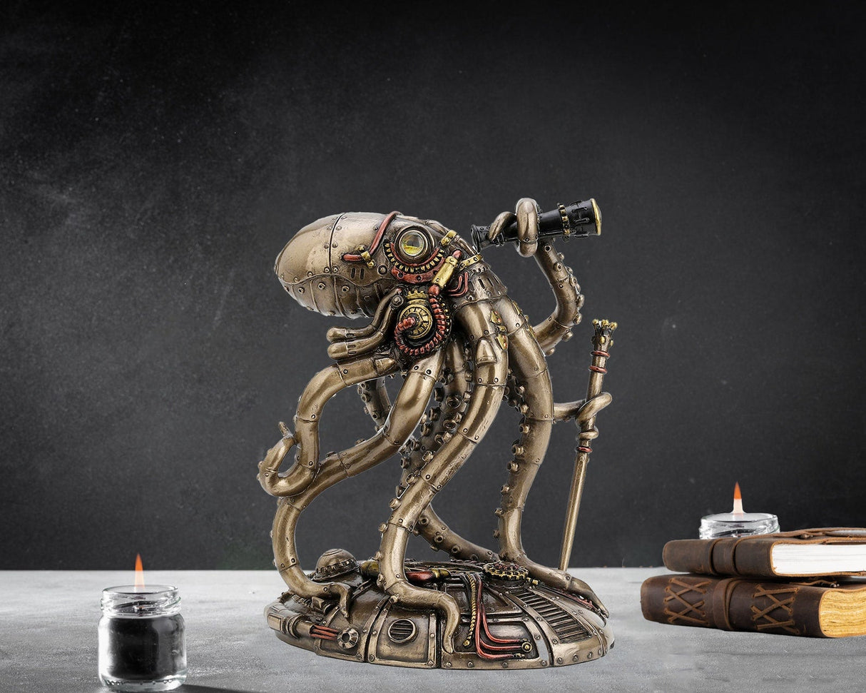 Kraken Explorer Steampunk Oktopus Statue | Retro-Futuristische Dekofigur | Abenteurer Look | Dekoration für Zuhause