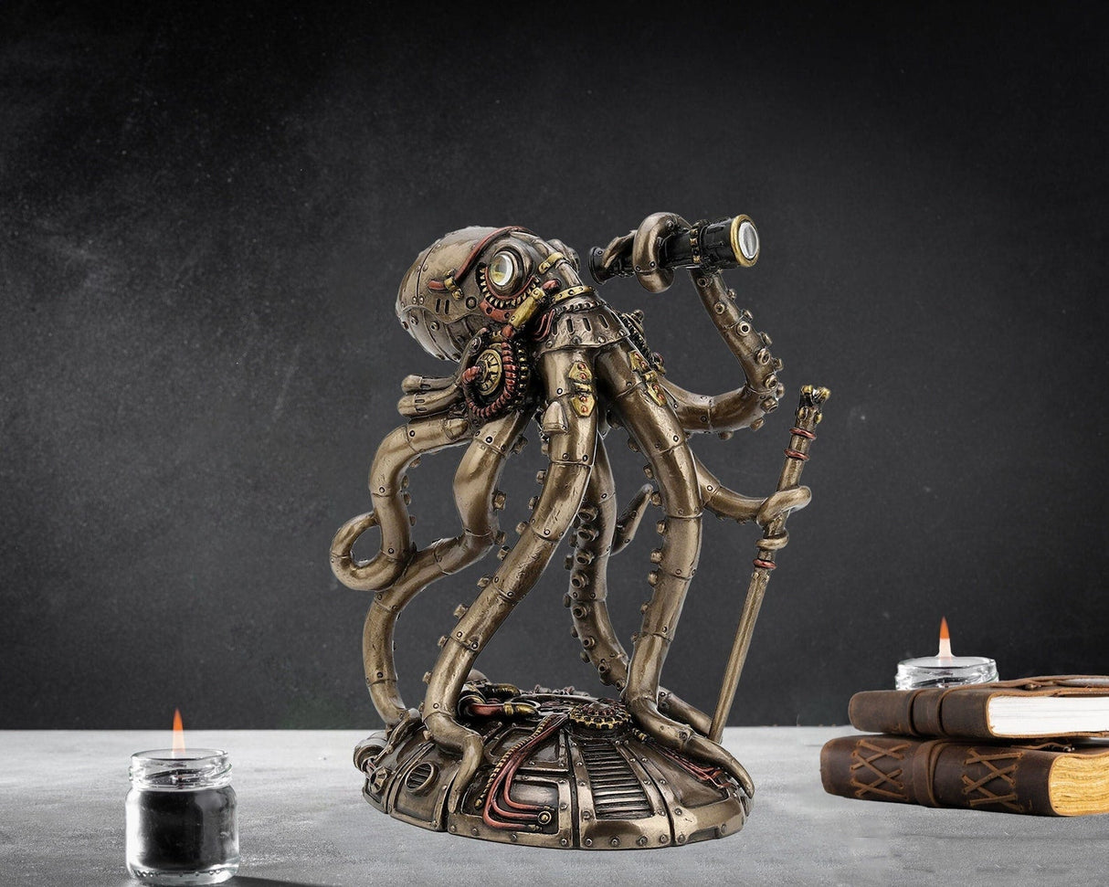Kraken Explorer Steampunk Oktopus Statue | Retro-Futuristische Dekofigur | Abenteurer Look | Dekoration für Zuhause