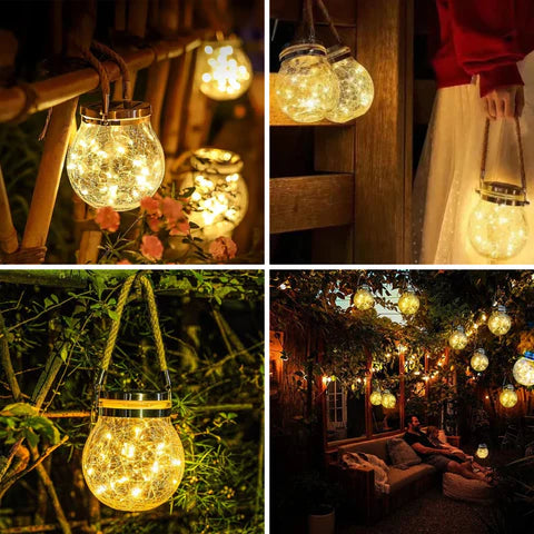 SunAura Solar Glaslaterne | LED Kugellampe mit Hanfseil | Wasserdichte Hängelampe für Garten & Terrasse