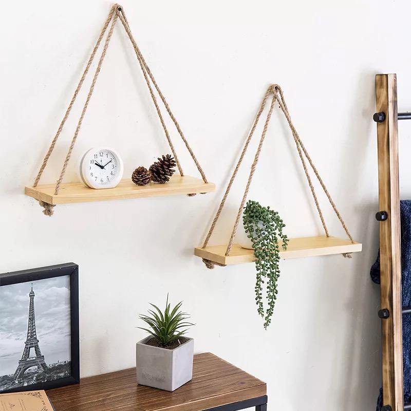 SwingShelf Holz-Seil Wandregal | Rustikales Design | Wand-Deko & Stauraum