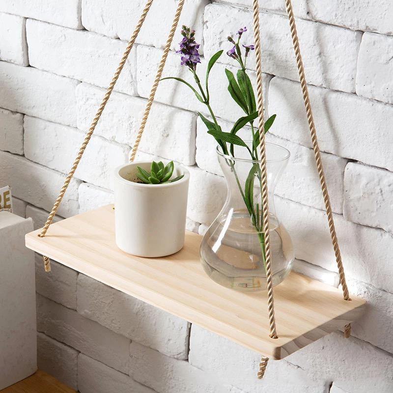 SwingShelf Holz-Seil Wandregal | Rustikales Design | Wand-Deko & Stauraum