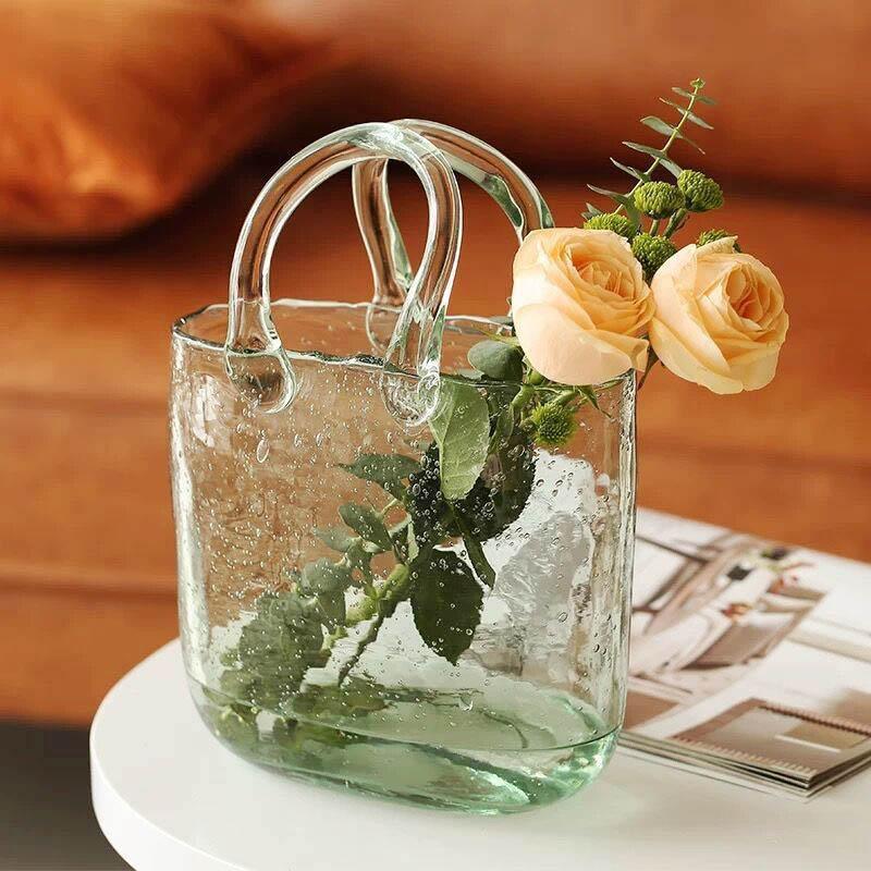 GlassBag Design-Glasvase | Modernes Korb- und Taschen-Design | Dekorative Vase | Handgefertigtes Wohnaccessoire